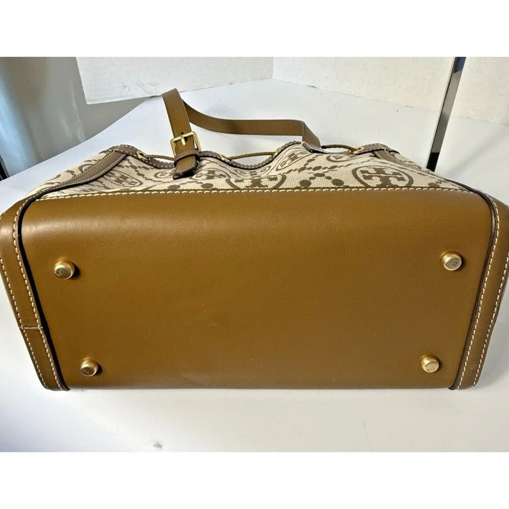 Tory Burch T Monogram Jacquard Logo Tote Bag Large Double Strap Cinch Drawstring